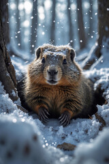 Obraz premium Groundhog Emerging from a Snow Covered Den. Happy Groundhog Day, february, 2. Fortune telling about the weather in spring. The Detailed Photography of Animal in Snowy Forest