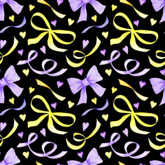 Watercolor lavender bow and yellow ribbon hand painted seamless pattern