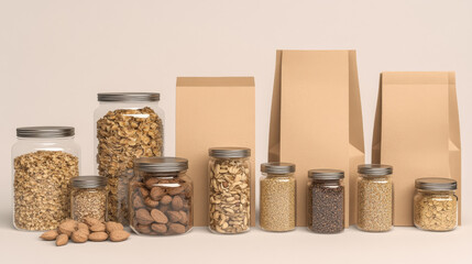 A collection of glass jars filled with various nuts, grains, and seeds, alongside some paper bags. This image evokes a feeling of healthy eating and natural products.