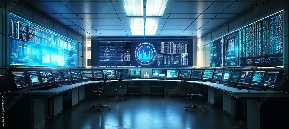 Poster a high-tech control room with large screens displaying data and empty space for text
