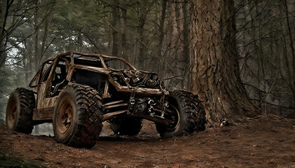 Off-road vehicle on a forest trail conquering difficult terrain