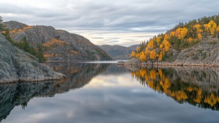 Obraz premium Autumn Reflection on Serene Lake with Colorful Trees