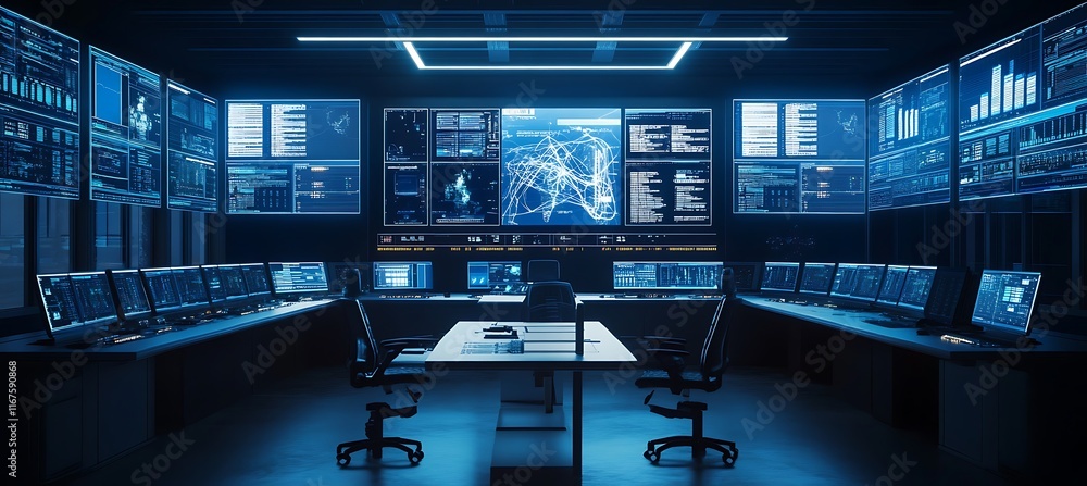 Poster a high-tech control room with large screens displaying data and empty space for text