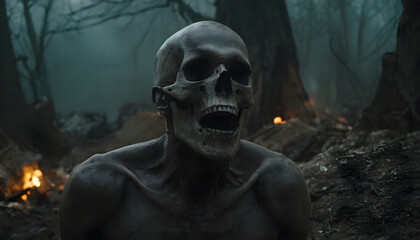 Screaming skeleton rising from grave in forest at night