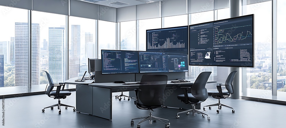 Poster a high-tech office setup with multiple screens and modern furnishings, leaving space for text