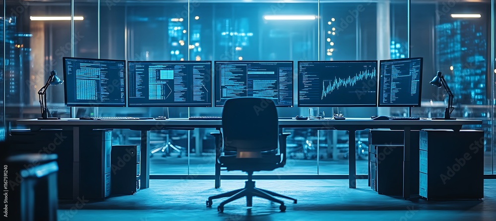 Poster a high-tech office setup with multiple screens and modern furnishings, leaving space for text