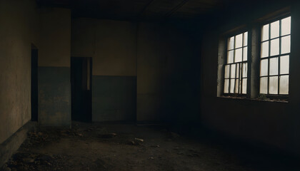 Dark and dusty abandoned room with boarded up windows