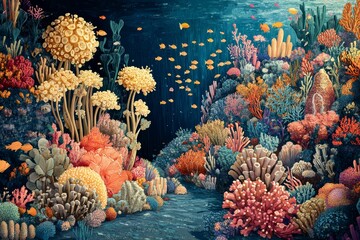 Vibrant coral reef scene, diverse colorful marine life.
