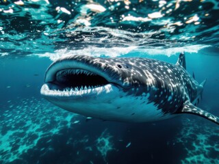 Fototapeta premium Whale Shark Swimming with Open Mouth in Clear Blue Ocean