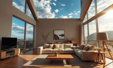 Fototapeta premium Cozy beige interior of living room with couch japandi style wooden aesthetic modern decor lamp sunlight through window in morning Japandi interior design interior design japandi style modern