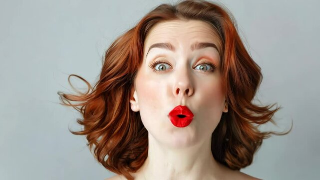 A very surprised woman with wide open eyes and mouth on a gray background	