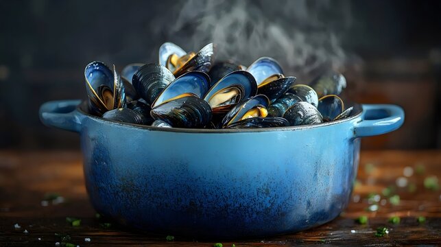 A blue pot with a bunch of mussels in it
