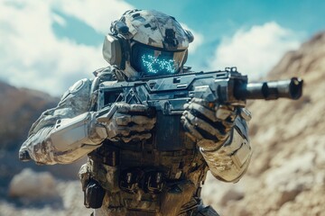 Soldier in tactical gear aims weapon during military operation in desert terrain under bright sky