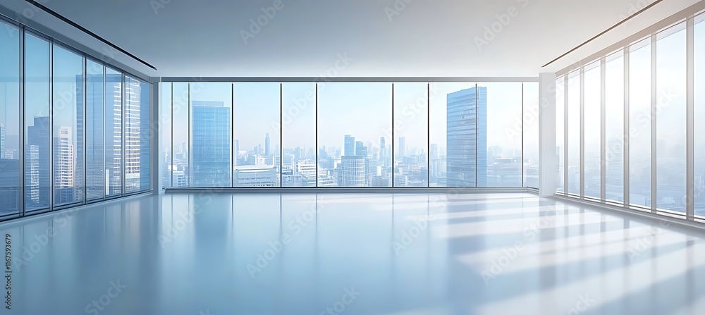 Poster a modern office skyline with abstract geometric shapes in the foreground and plenty of empty space f