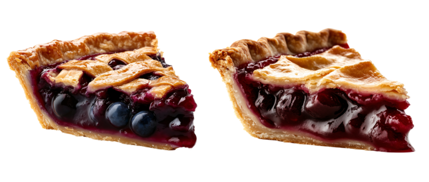 two slices of  blueberry and cherry pie isolated on a transparent background