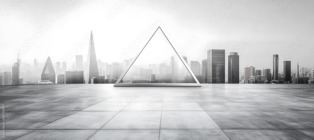 Poster a modern office skyline with abstract geometric shapes in the foreground and plenty of empty space f