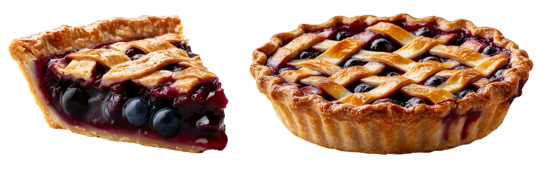 set of whole and slice of blueberry pie isolated on a transparent background