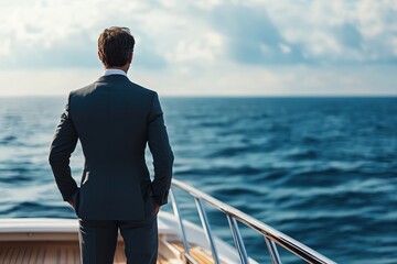 Fototapeta premium Man in a suit standing on a boat deck looking at the ocean horizon.