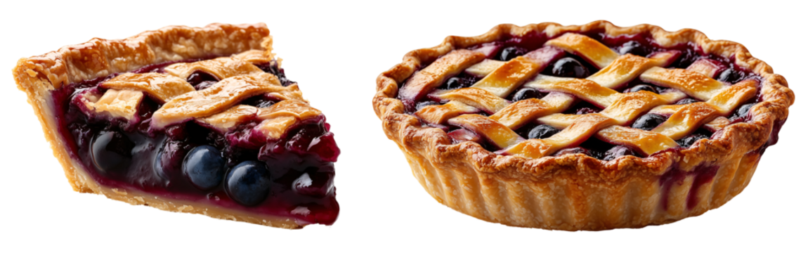 set of whole and slice of blueberry pie isolated on a transparent background