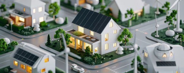 Innovative sustainable housing design urban environment architectural model green technology aerial view eco-friendly living