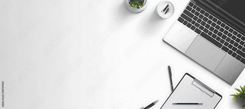 Poster a modern workspace with a focus on a sleek laptop and notepad, with empty space for text