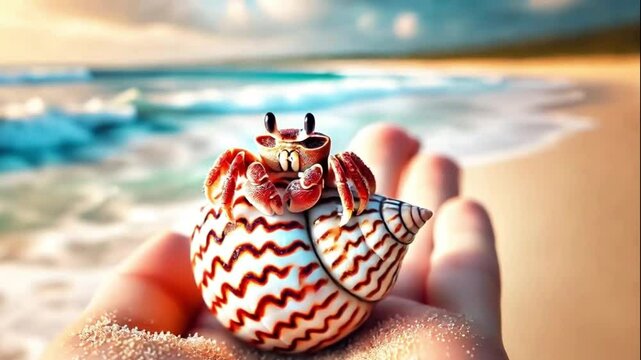 Tiny crab inside a shell on the beach