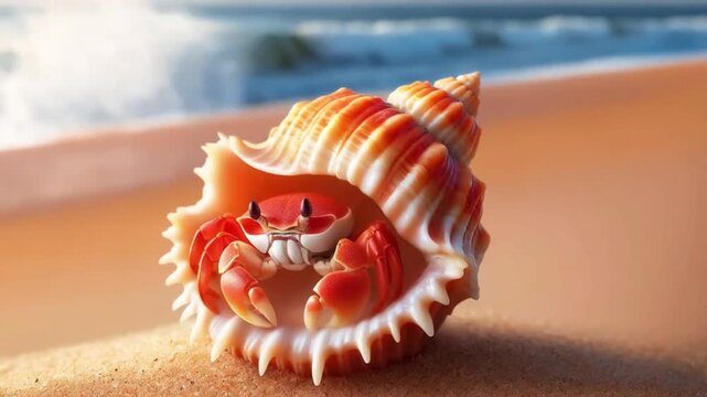 Tiny crab inside a shell on the beach