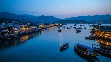 Fototapeta premium Boats on water with buildings, mountains, moon at dusk.