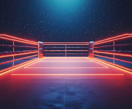 Neon-lit boxing ring glowing against a dark starry background in a futuristic style. - Powered by Adobe