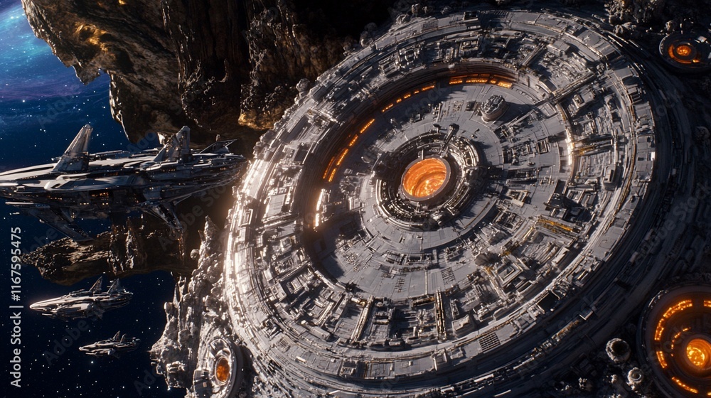 Poster futuristic spaceship orbiting a large space station near a planet.