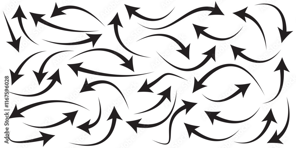 Poster set of curved arrows isolated on white background. curved arrows, hand drawn curved arrows. collecti
