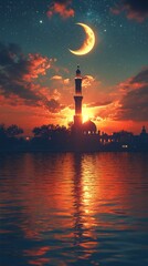 A serene sunset silhouette of a mosque with a crescent moon reflected in water.