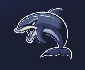Stylized dolphin with sharp teeth, aggressive expression, and sleek design on a dark background.