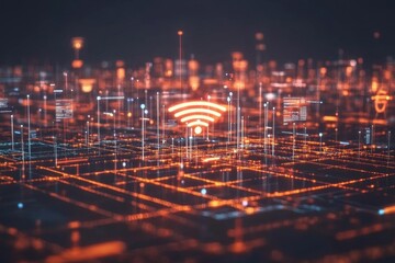 Digital connectivity concept showcasing a network grid with wireless signals in vibrant colors