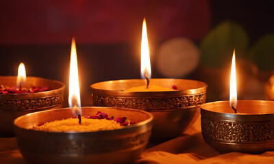 Burning oil lamps or diyas with flower petals for diwali celebration