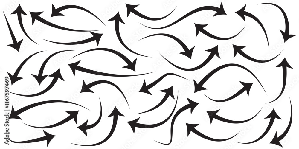 Poster set of curved arrows isolated on white background. curved arrows, hand drawn curved arrows. collecti