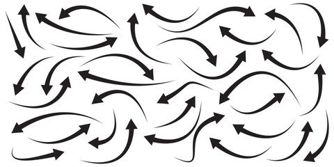 Set of curved arrows isolated on white background. Curved arrows, hand drawn curved arrows. Collection of pointers. Vector illustration of curve arrow icon set.