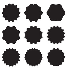 Circle sticker set. Wavy edge promo black badges. Star burst shape tags for price. Blank sale stickers. Simple silhouette. Flat vintage labels. Graphic illustration. 