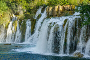 Fototapeta premium Beautiful scenic Krka river waterfall landscape, Krka National Park in Dalmatia region, Croatia