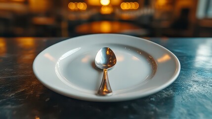 A single spoon rests on an empty white plate on a dark table in a restaurant setting.