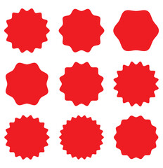 Circle sticker set. Wavy edge promo Red badges. Star burst shape tags for price. Blank sale stickers. Simple silhouette. Flat vintage labels. Graphic illustration.