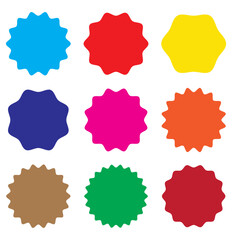 Circle sticker set. Wavy edge promo Colourful  badges. Star burst shape tags for price. Blank sale stickers. Simple silhouette. Flat vintage labels. Graphic illustration.