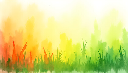 Obraz premium Soft watercolor landscape with orange and green grass, artistic background, vibrant hues, copy space