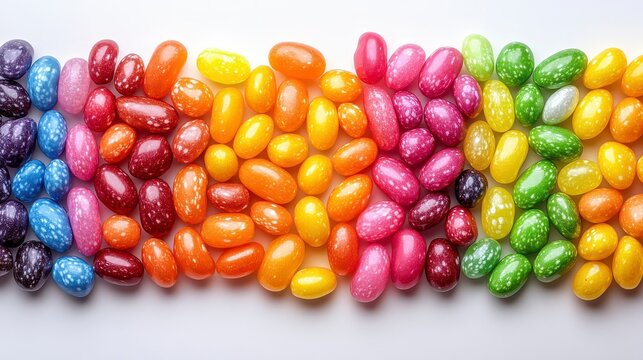 Colorful jellybeans arranged in a rainbow pattern on a white background.