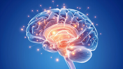 Fototapeta premium A detailed, intricate network of neural connections in the human brain. The image should depict glowing neurons connected by delicate synapses, with electrical impulses traveling between them