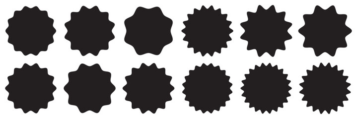 Circle sticker set. Wavy edge promo black badges. Star burst shape tags for price. Blank sale stickers. Simple silhouette. Flat vintage labels. Graphic illustration. 