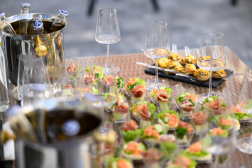 Buffet table. Snacks for the banquet. Meat and fruit plates