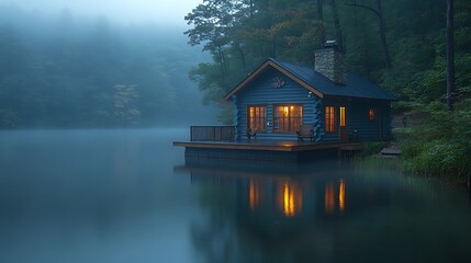 Fototapeta premium Illuminated Log Cabin on Misty Lake at Dusk