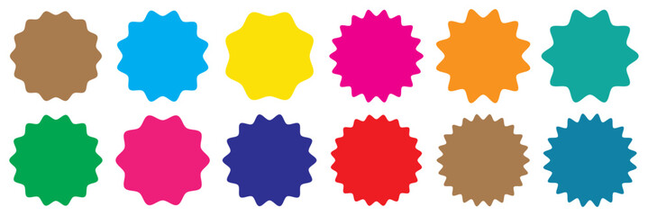 Circle sticker set. Wavy edge promo Colourful  badges. Star burst shape tags for price. Blank sale stickers. Simple silhouette. Flat vintage labels. Graphic illustration.