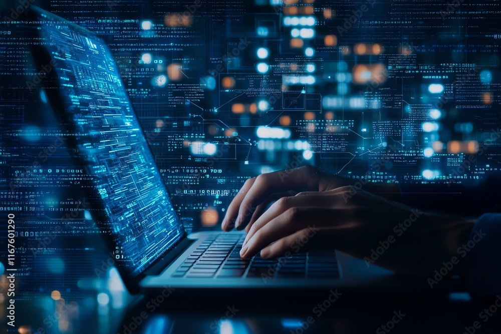 Poster close-up of hands typing on a laptop keyboard with digital code overlay. represents concepts of codi